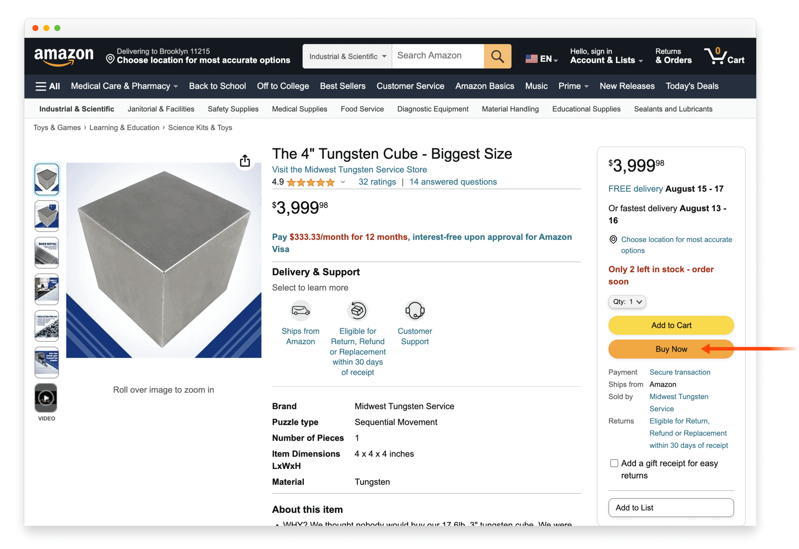 Screenshot of an Amazon.com product detail page for a 4" Tungsten Cube