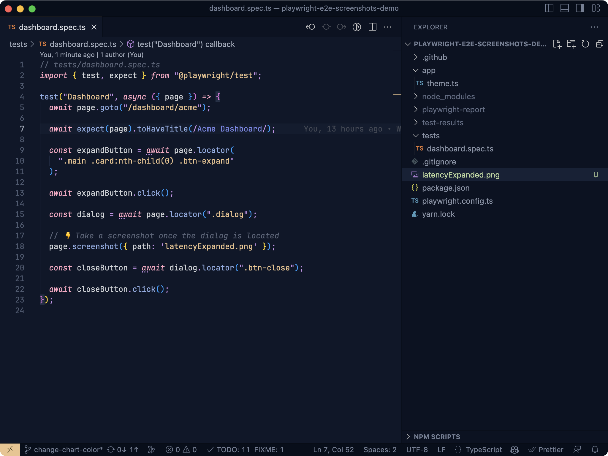 VS Code, showing the contents of dashboard.spec.ts from the snippet above and the newly-created latencyExpanded.png in the file explorer sidebar