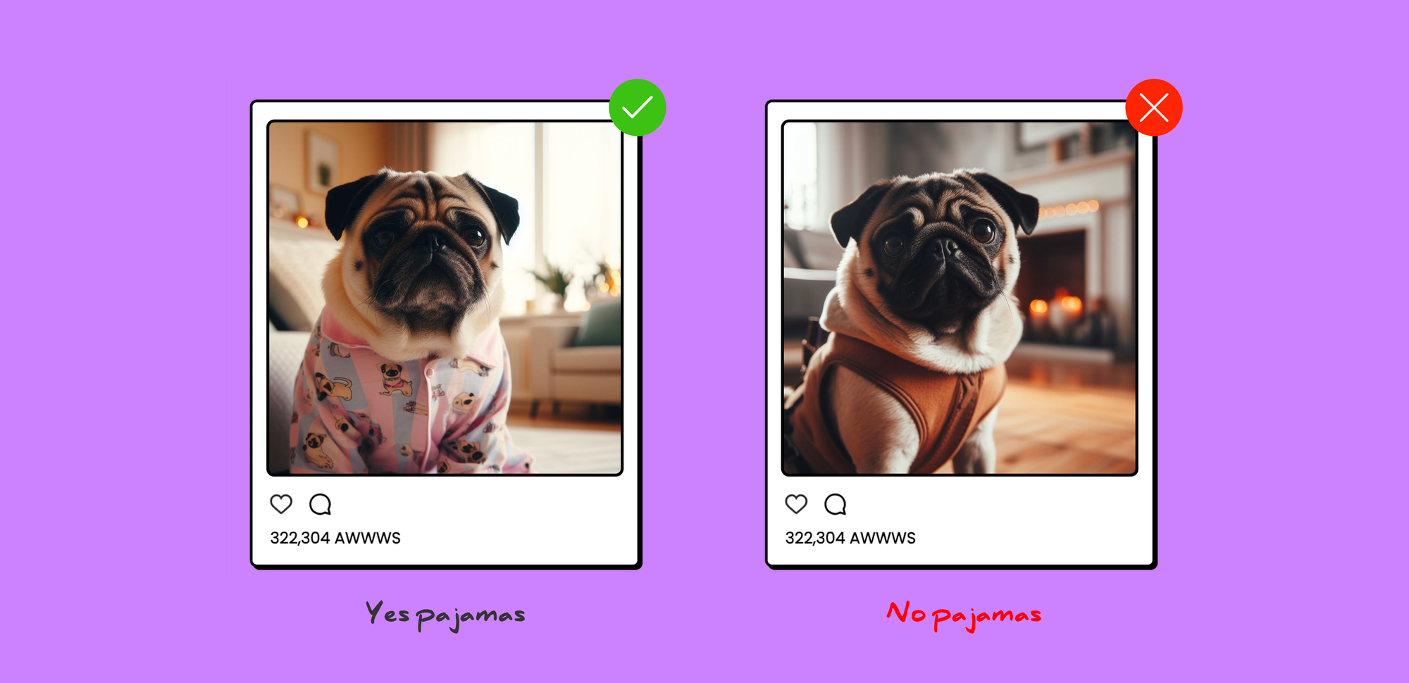 Two photographs. One shows a pug in pajamas (labelled 'Yes pajamas'). The other shows a pug in a harness (labelled 'No pajamas').