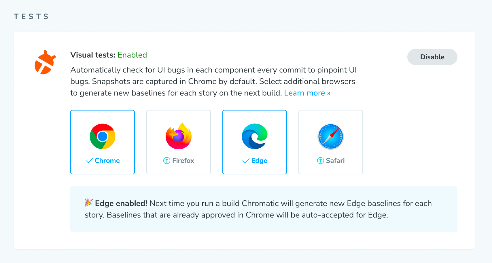 The browser selection screen in Chromatic