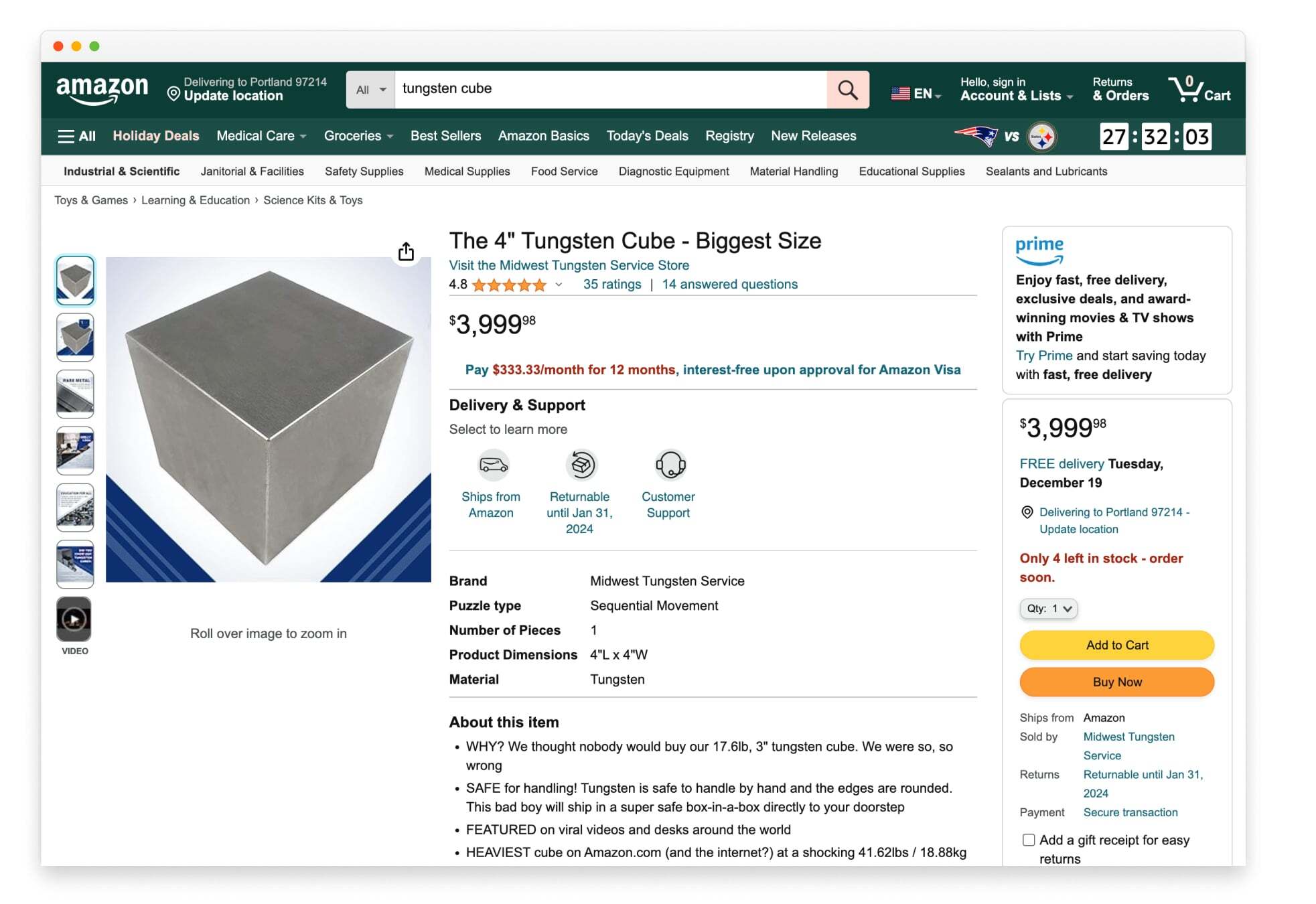 A search for tungsten cube on Amazon