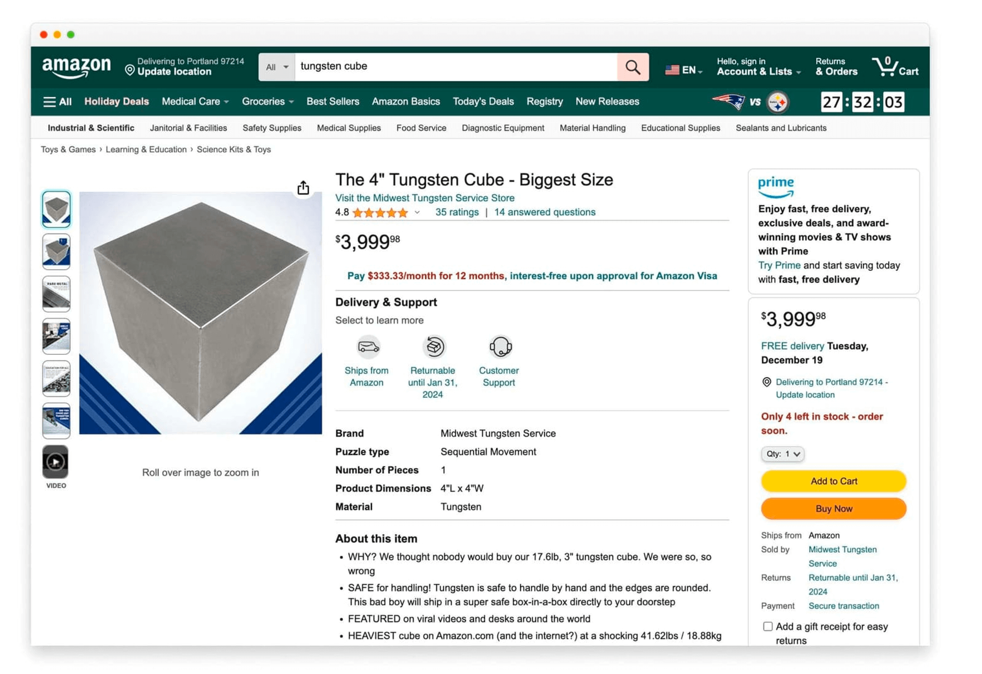 Tungsten cube page on Amazon