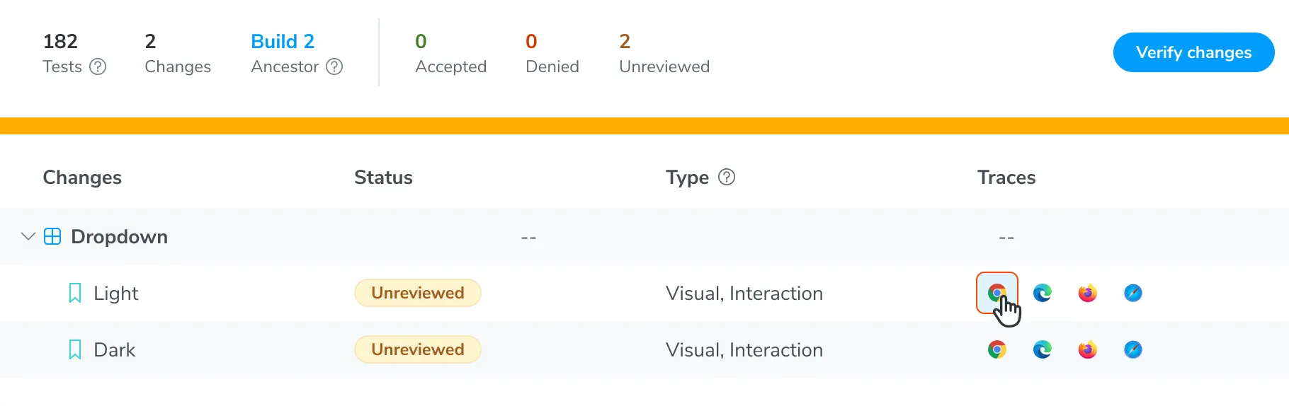 Dropdown component with two stories (Light & Dark) that have trace viewer enabled