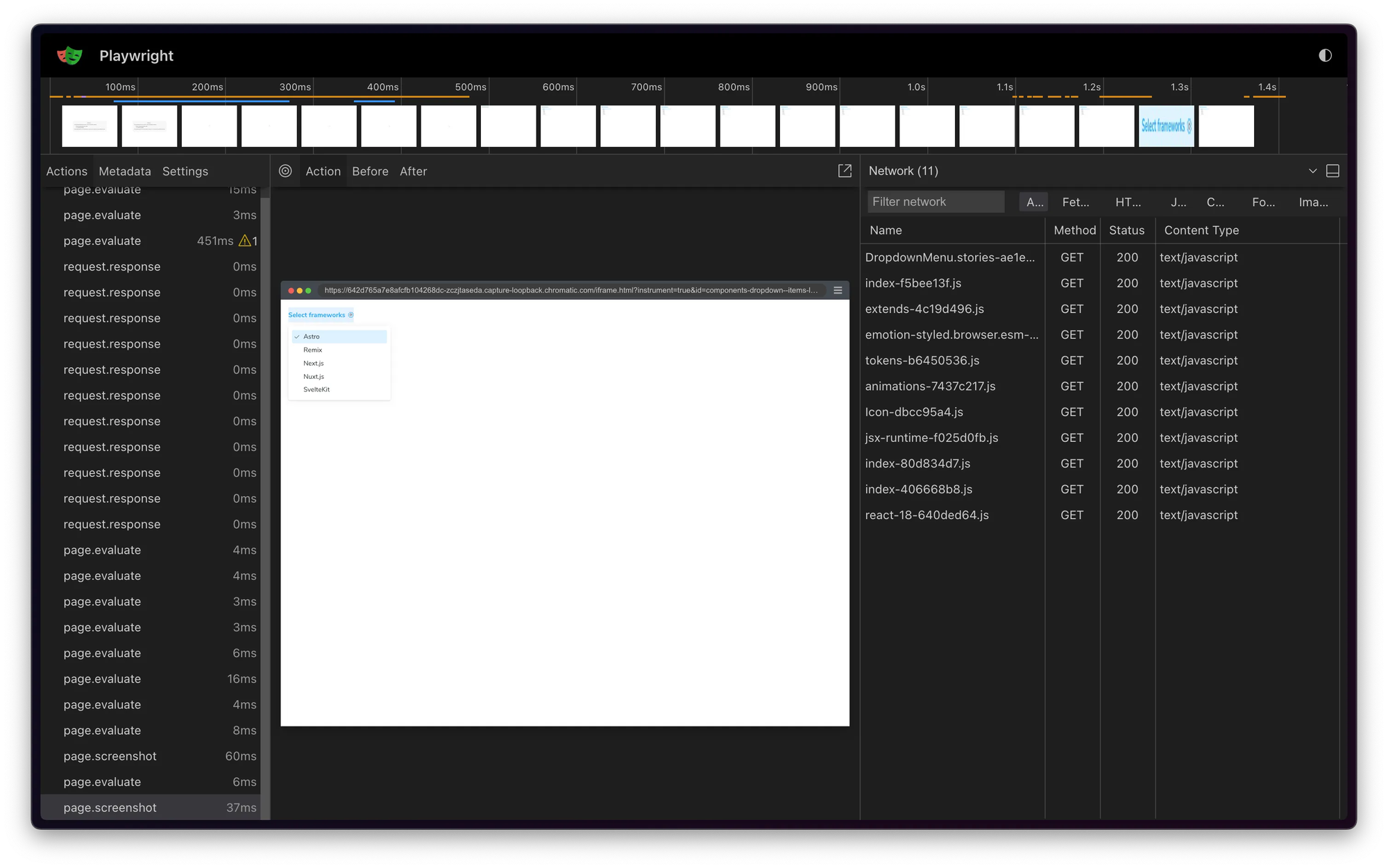 Trace viewer sample for the dropdown component with the network tab selected