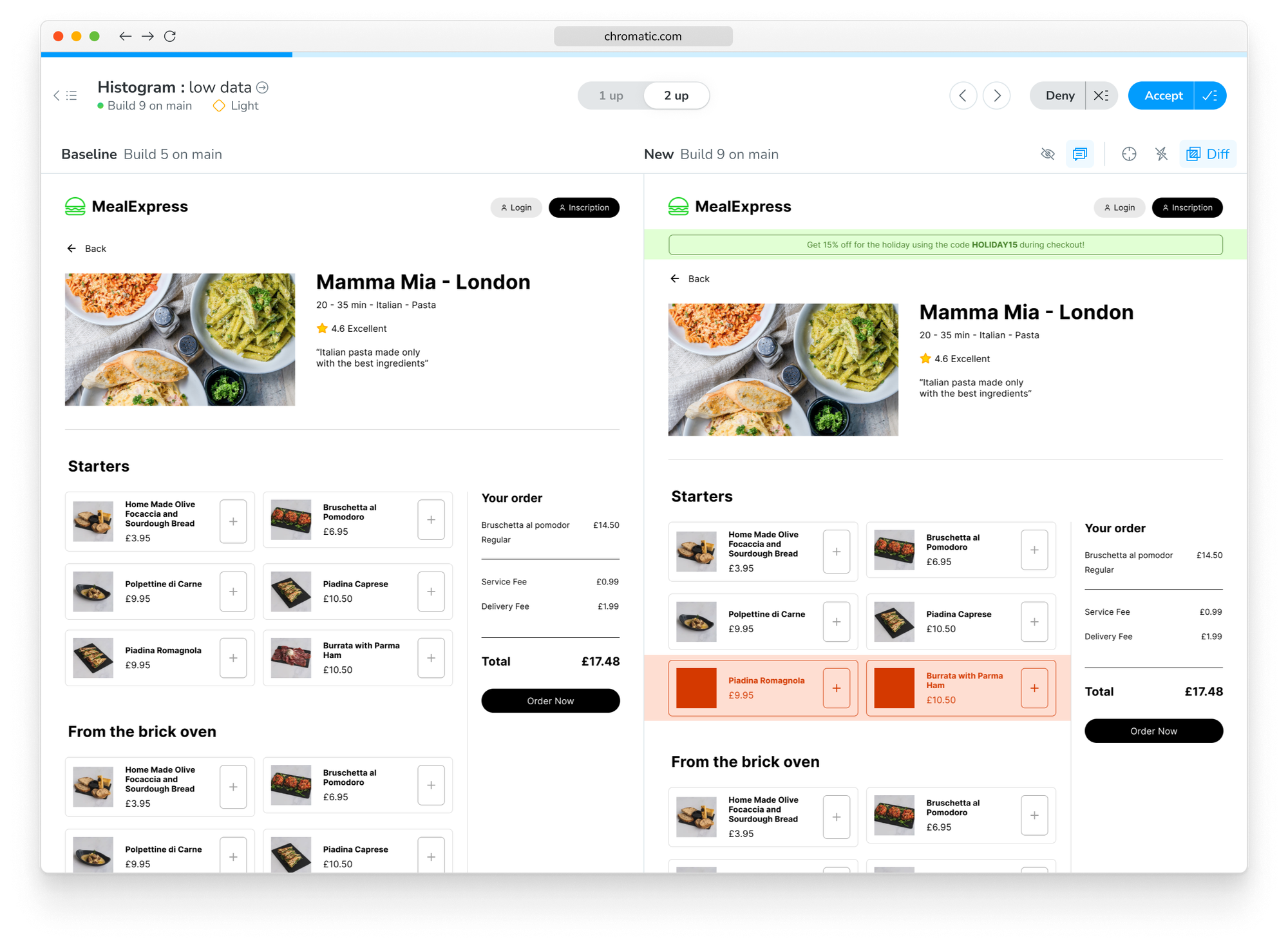 Page Shift Detection example: promo banner was added so that change is highlighted in green where as two items were removed from the product list and that change is highlighted in red.