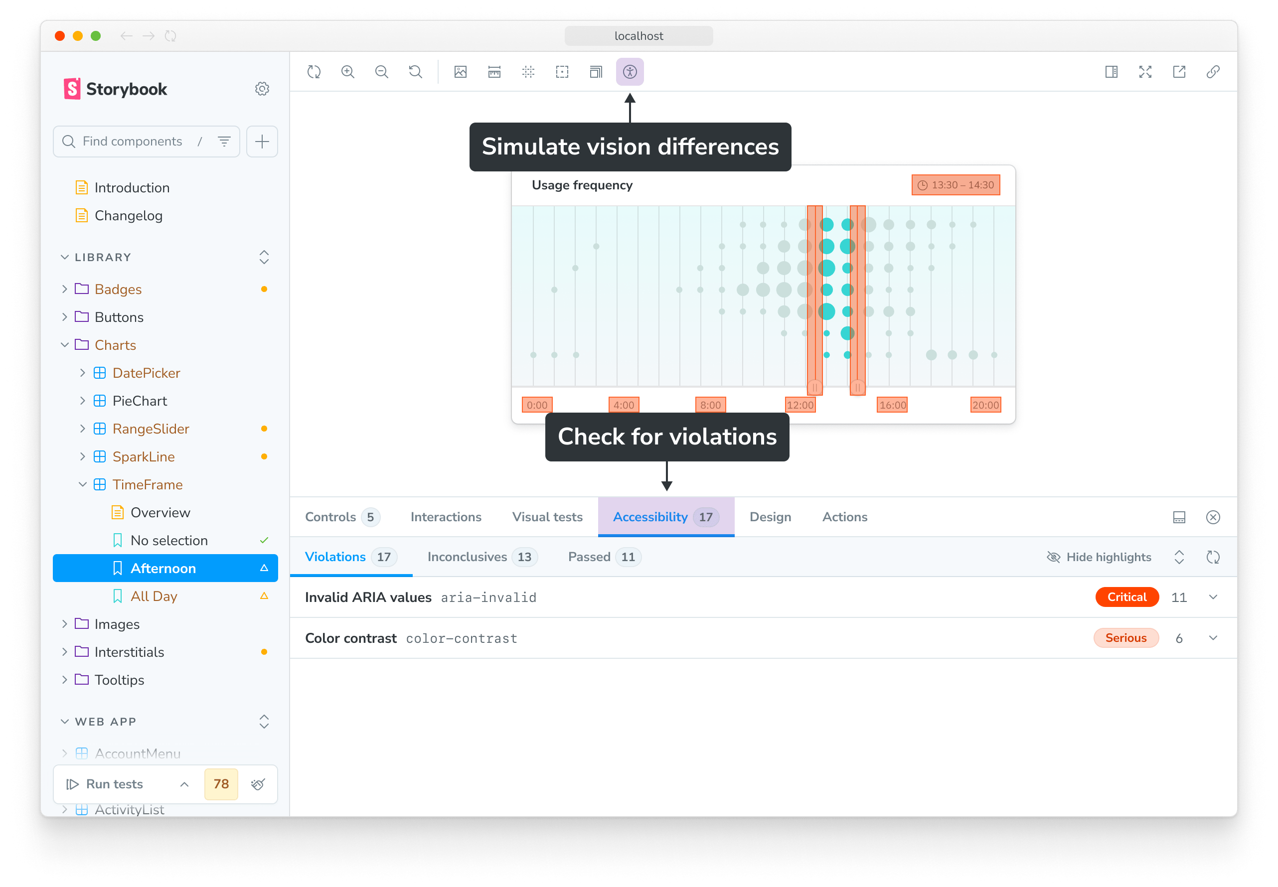 Storybook UI with accessibility features annotated