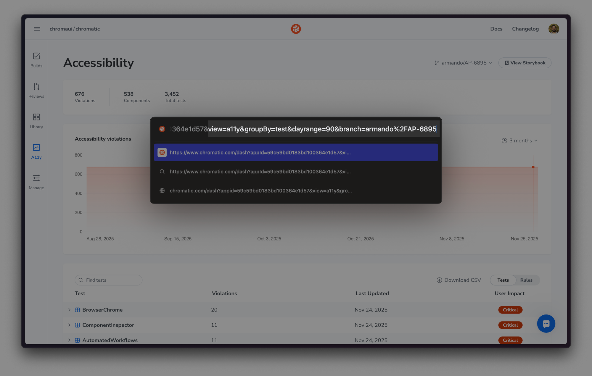 In this screenshot of the Accessibility Dashboard the user has selected a branch named "armando/AP-6895" and set date range to "3 months", and this info is preserved via URL params