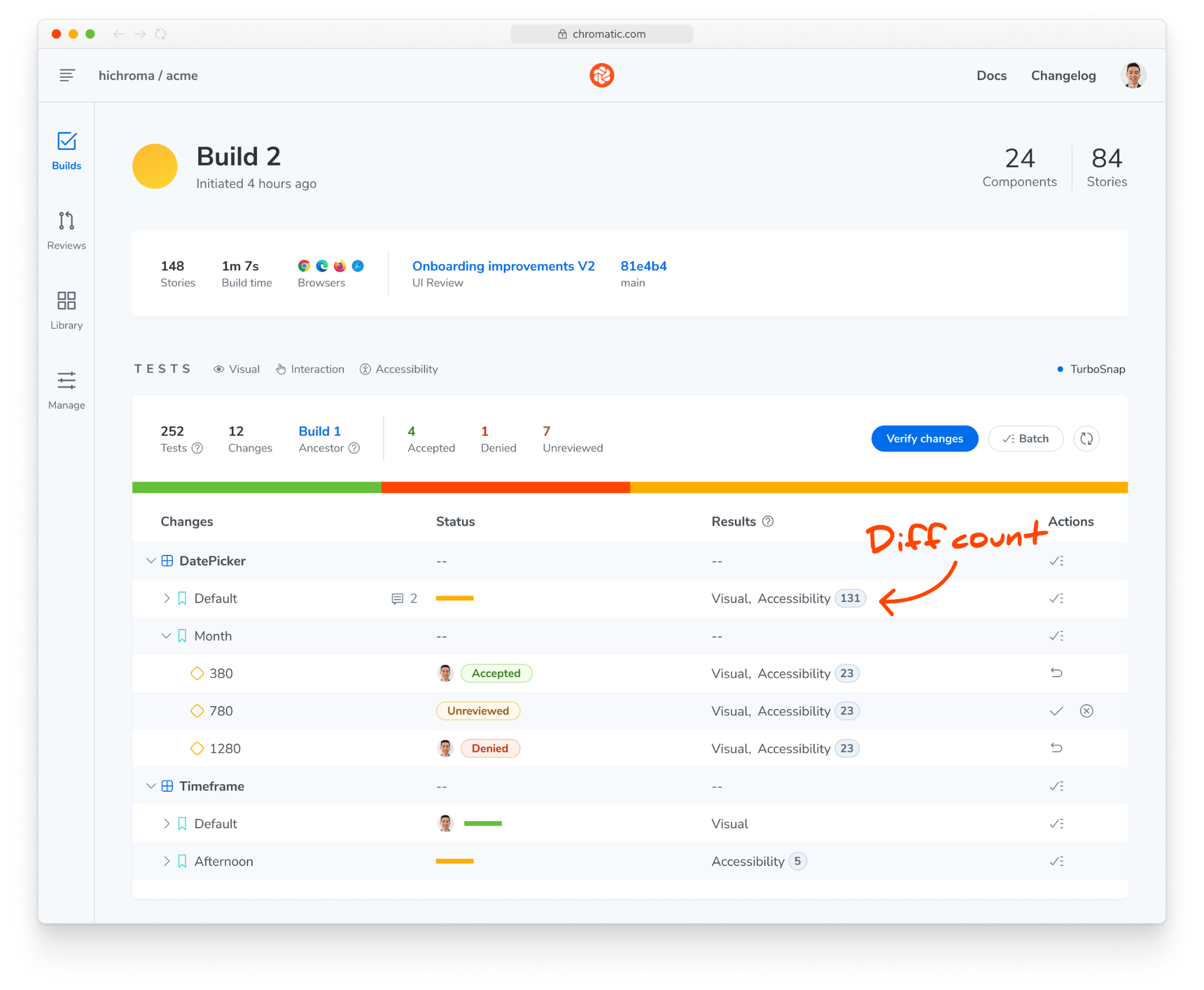 Example of a build screen with the new "Results" column visible. If a test has accessibility changes then a diff count is displayed next to it. 