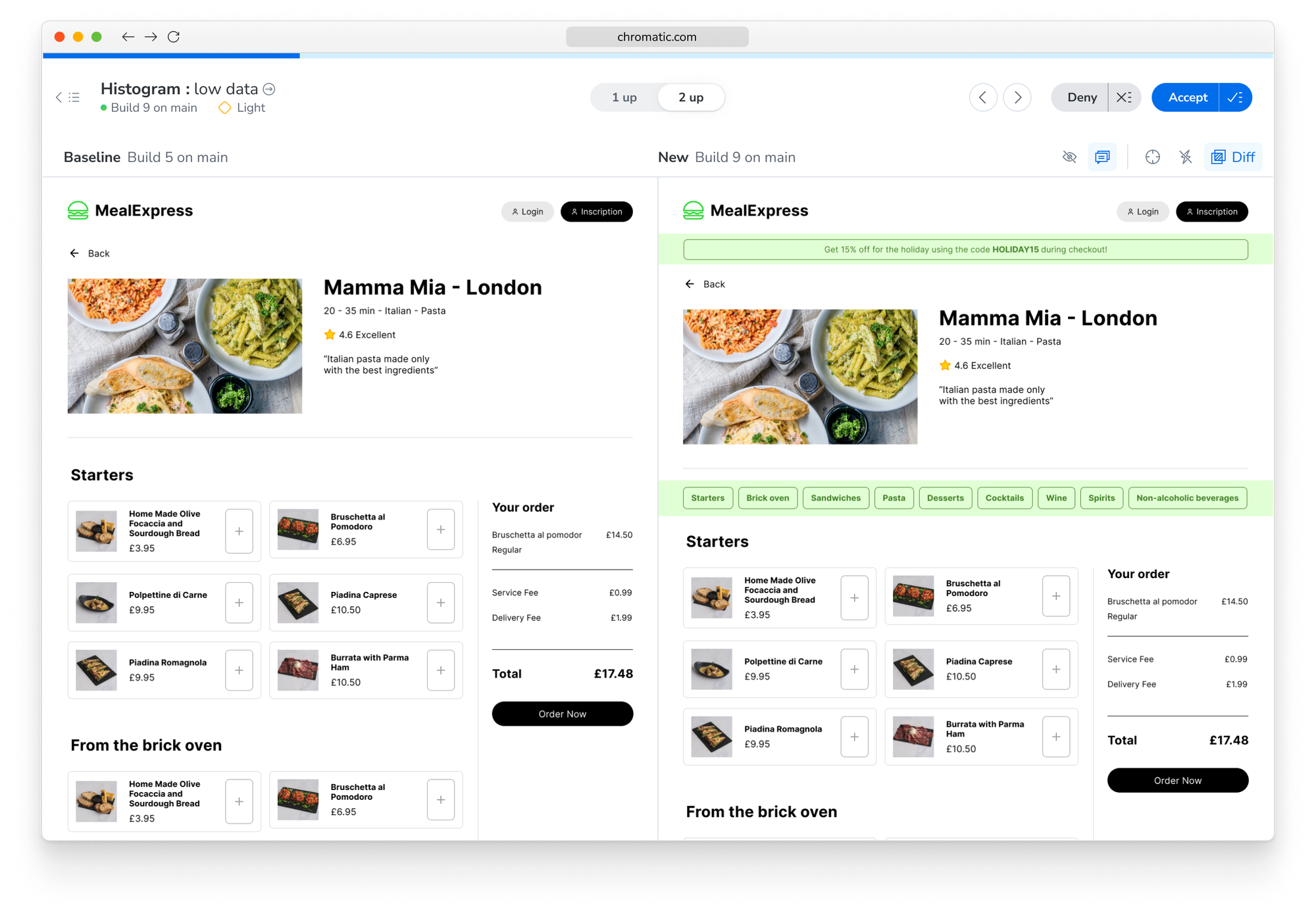The baseline image is on the left, while the new snapshot on the right highlights two added elements in green.