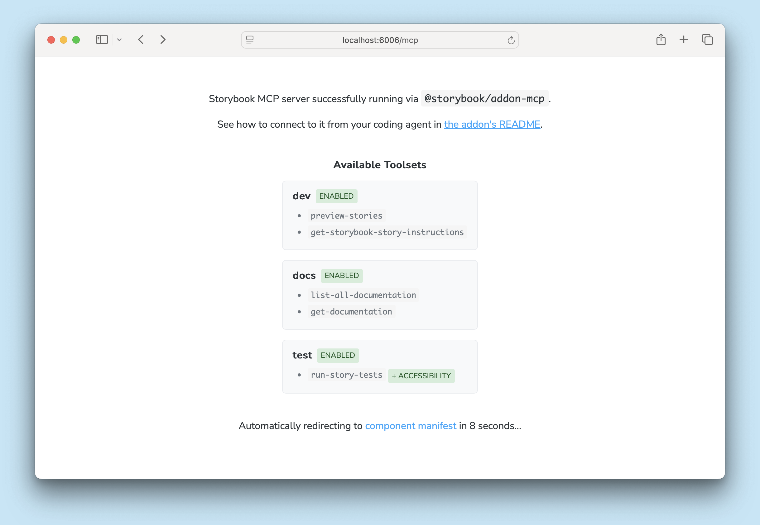 Example output from the /mcp endpoint for a Storybook running locally. It shows a list of tools available to the agent.