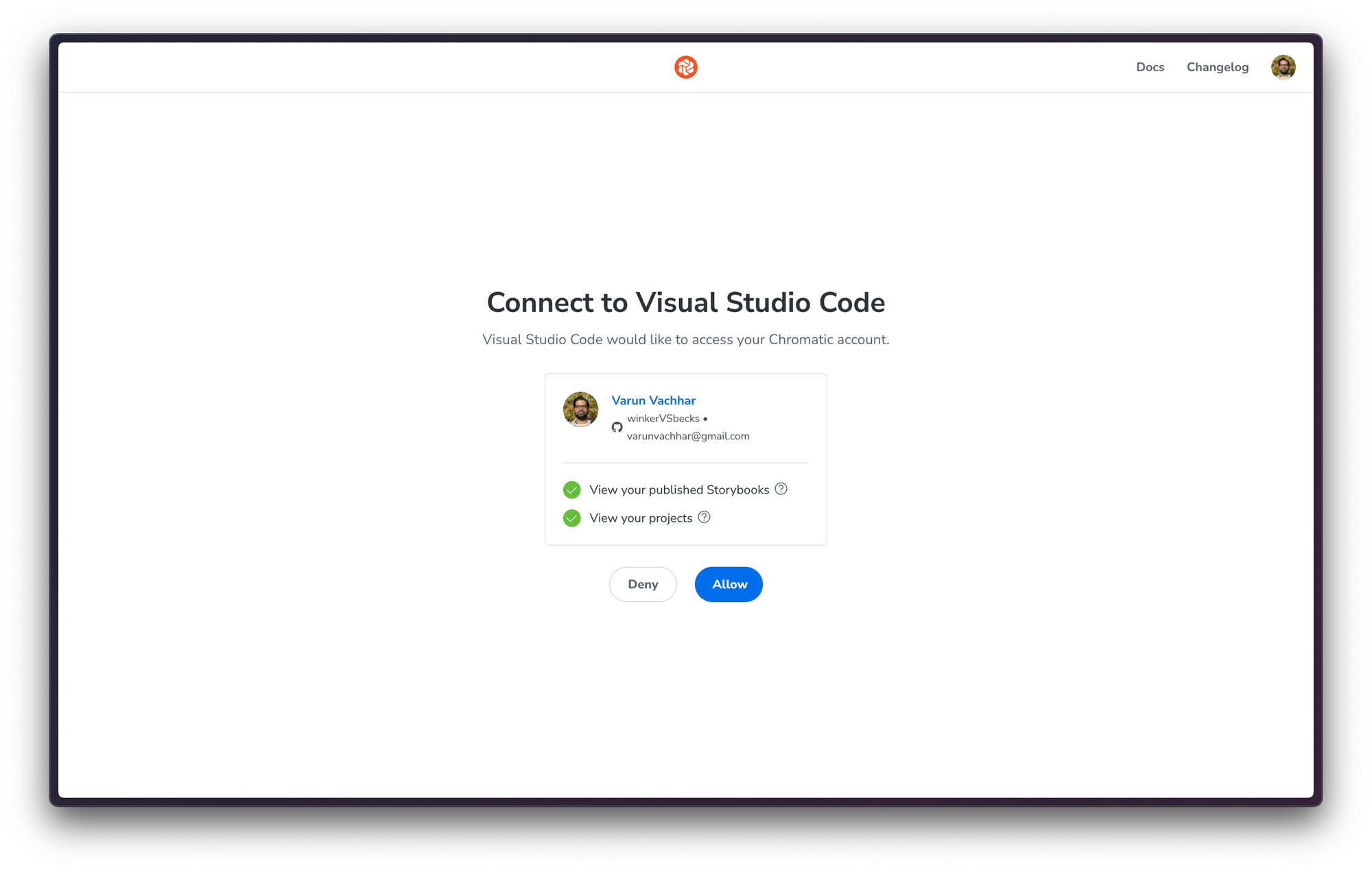 Chromatic Auth screen requesting access for VS Code